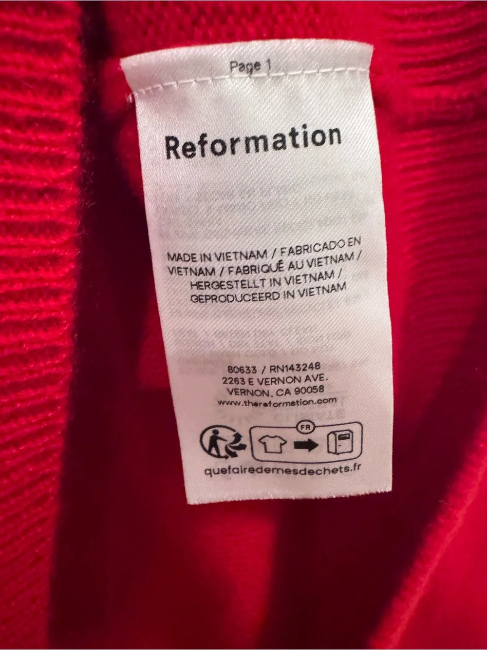 Reformation Clara Cashmere Crew Cardigan in a vibrant red color